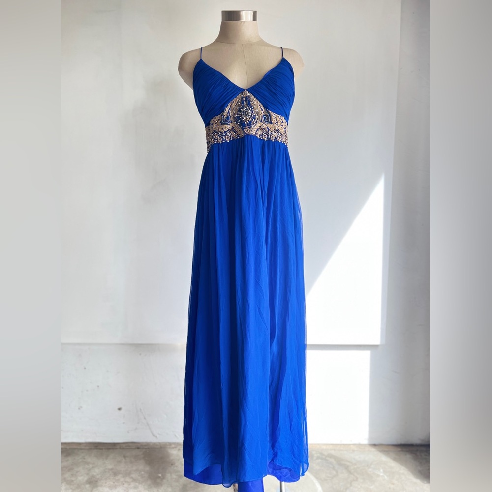 Aidan Mattox Royal Blue Spaghetti Strap Prom Gown with Gold Embellishment